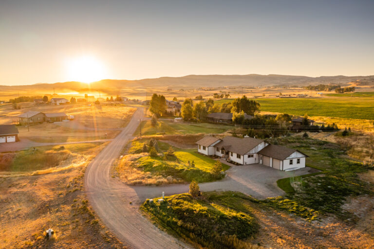 Aerial sunrise view of the Montana Skies vacation rental in Livingston, Montana