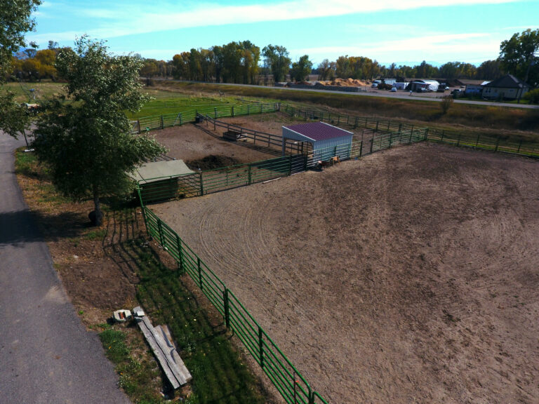 Aerial view of Almosta Ranch property and pasture near Bozeman, Montana