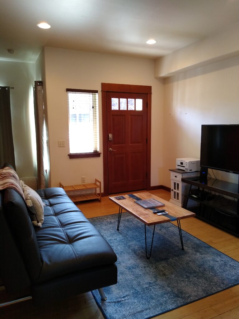 Living room with futon and TV at the Northside Condo vacation rental in Bozeman