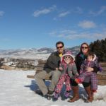 Family enjoying a snowy mountain day near Bozeman, Montana