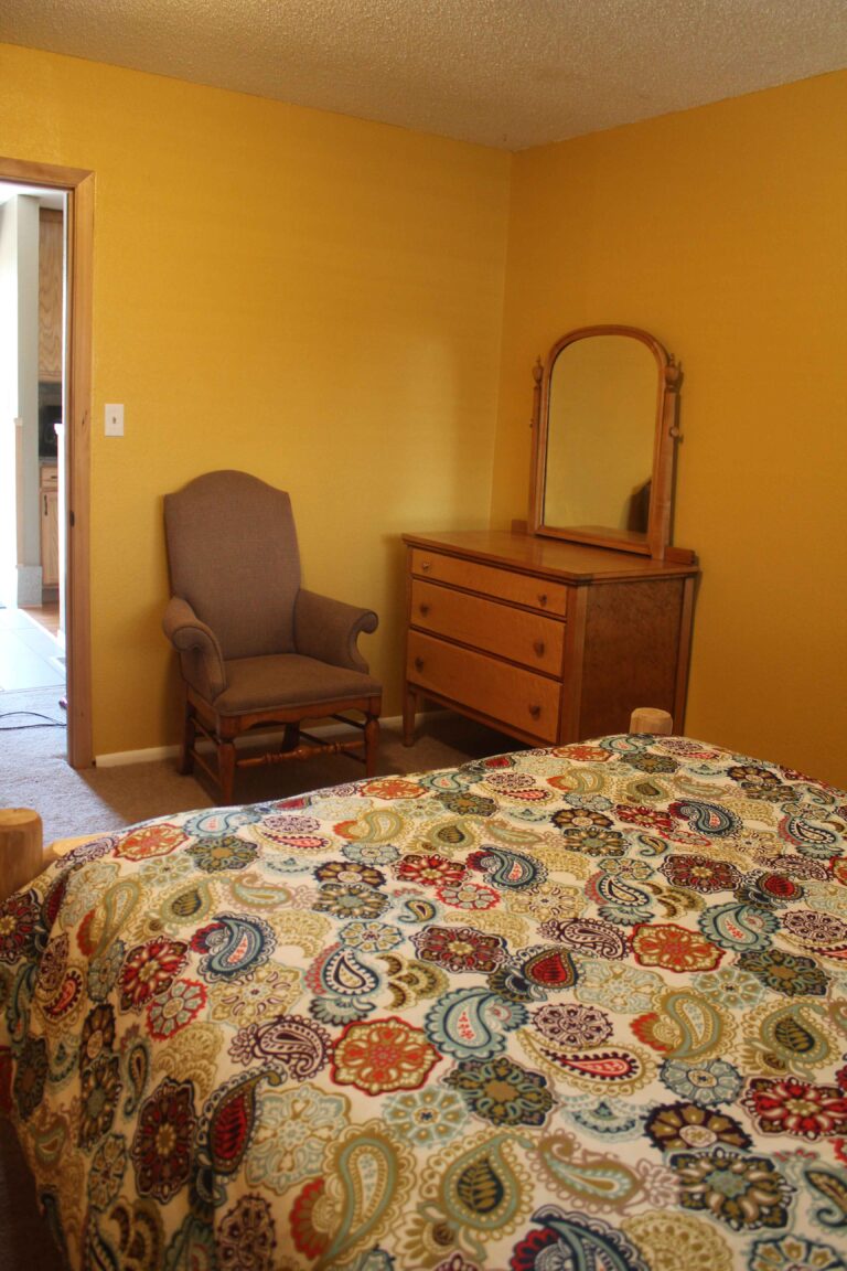 Bedroom with log bed and vanity mirror at the Madison Guest House in Bozeman